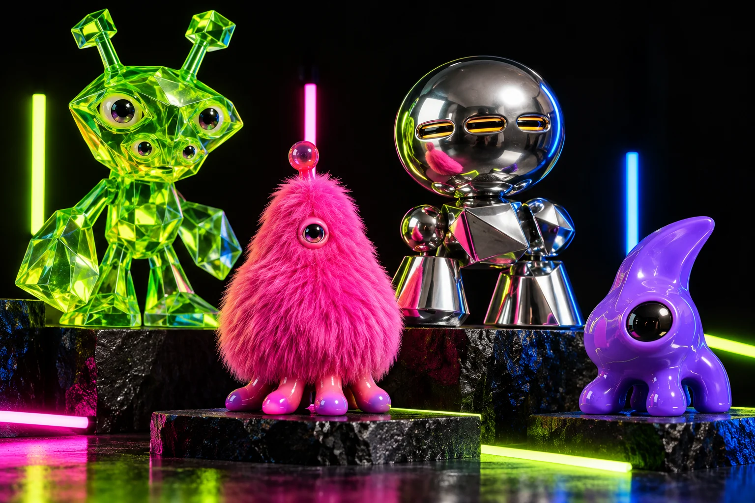 Four original UNBOX character concepts: a lime crystal alien, pink plush cyclops, chrome robot and violet vinyl creature
